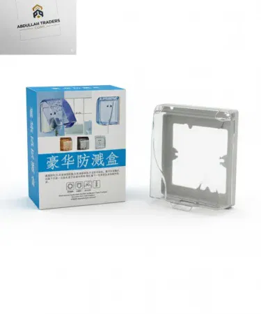 Transparent waterproof splash‑proof electrical outlet cover installed on a wall socket, imagecaption=Waterproof/Splash‑Proof Electrical Outlet Cover – Clear PC guard protecting a wall socket from moisture.
