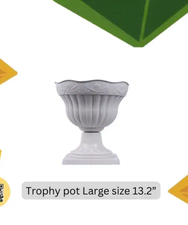Extra large white plastic trophy pot (13.2 inches) with Envirt technology for indoor and outdoor plants, imagecaption=Stylish white trophy pot – perfect for showcasing plants.