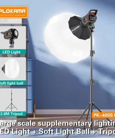 PLOKAMA PK400S LED studio light with 65 cm lantern softbox, 2.8 m softball diffuser, tripod and umbrella on a white background,