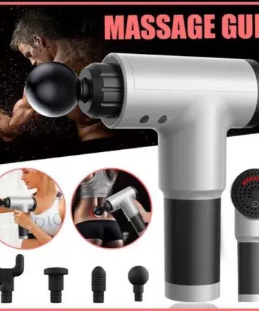 Fascial Massage Gun with multiple interchangeable heads on white background, imagecaption=Premium Fascial Massage Gun – Deep Tissue Relief,