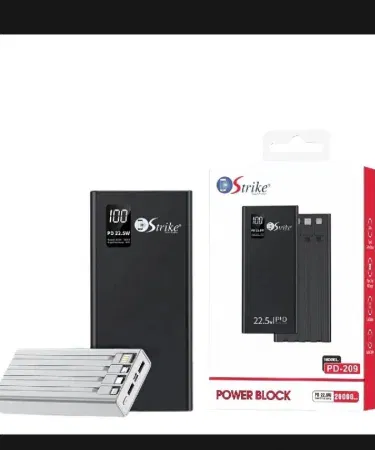 STRIKE PD‑209 Power Block 20000 mAh Power Bank with LED display and built‑in cables, imagecaption=STRIKE PD‑209 Power Block 20000 mAh Power Bank – Fast Charging Power Solution