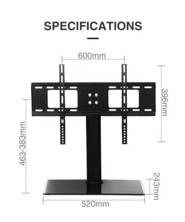 Home Design Table Top TV Stand with 8 mm tempered glass base for 32‑55″ LCD/LED TVs, height adjustable, black finish