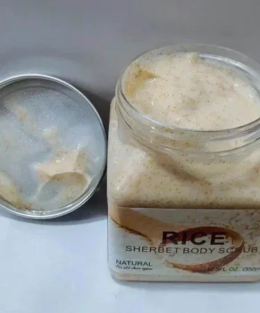 Rice Body Scrub 350ml – natural rice extract deep exfoliating and whitening body polish in a sleek bottle, perfect for men and women, showing smooth glowing skin after use.