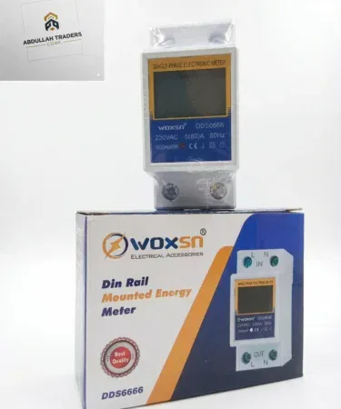 WOXSN DDS6666 Single Phase Electronic DIN Rail Energy Meter with digital LCD display, imagecaption=WOXSN Single Phase DIN Rail Energy Meter – accurate electricity monitoring for homes and industry.