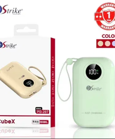 STRIKE PD-207 Cubex 20,000 mAh Power Bank with LED display, built‑in iPhone‑to‑C cable and pocket‑friendly design