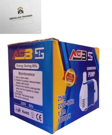 ASB Submersible Water Pump 25W – compact, corrosion‑resistant pump for home and garden use, placed on a tiled floor with water flowing from its outlet.