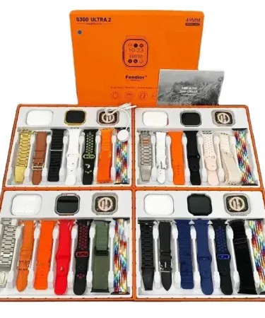 S300 Ultra 2 Ultra 49mm Series 9 smartwatch with earphone and wireless charging pad on a modern desk