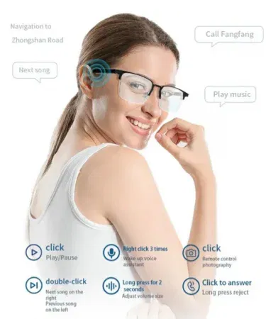 Smart Bluetooth Audio Glasses BG05‑T4 – sleek black frame with touch‑control pads and magnetic charging sleeve, perfect for music and calls