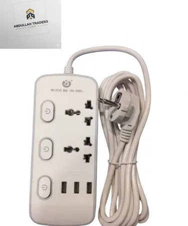Universal 2‑Socket Power Strip with 3 USB Ports & Individual Switches – compact, heavy‑duty coiled cable, universal sockets, perfect for home and office use.