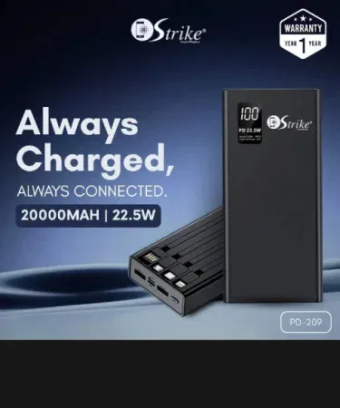 STRIKE PD‑209 Power Block 20000 mAh Power Bank with LED display and built‑in cables, imagecaption=STRIKE PD‑209 Power Block 20000 mAh Power Bank – Fast Charging Power Solution