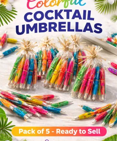 Pack of 5 colorful mini cocktail umbrellas for juice and tropical drinks, perfect for decoration