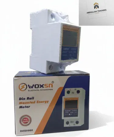 WOXSN DDS6666 Single Phase Electronic DIN Rail Energy Meter with digital LCD display, imagecaption=WOXSN Single Phase DIN Rail Energy Meter – accurate electricity monitoring for homes and industry.