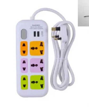 Heavy Push Button Socket 8803+3 USB universal power extension board with 6 sockets, 2 USB ports, 3 m heavy‑duty copper wire, 2500 W capacity