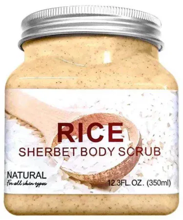 Rice Body Scrub 350ml – natural rice extract deep exfoliating and whitening body polish in a sleek bottle, perfect for men and women, showing smooth glowing skin after use.