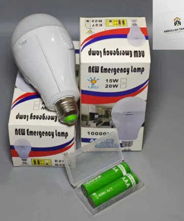 Intelligent AC/DC rechargeable emergency LED bulb with replaceable battery and hanging hook, suitable for power outages and indoor/outdoor use