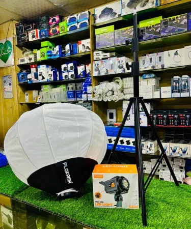 PLOKAMA PK400S LED studio light with 65 cm lantern softbox, 2.8 m softball diffuser, tripod and umbrella on a white background,