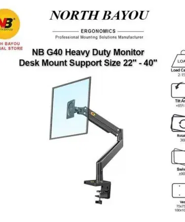 North Bayou NB H100 Single Monitor Desktop Mount – full swing adjustable arm for 22‑35 inch screens, installed on a modern office desk, showing ergonomic height adjustment.