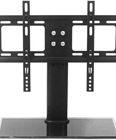 Home Design Table Top TV Stand with 8 mm tempered glass base for 32‑55″ LCD/LED TVs, height adjustable, black finish