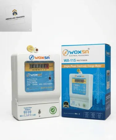 Woxsn WX-115 Single Phase Electronic Static Meter – analog counter with red decimal display, packaged in blue box for easy installation