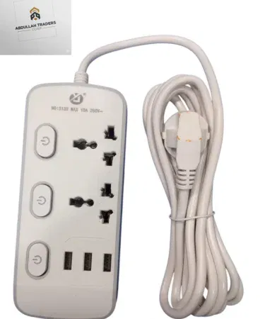 Universal 2‑Socket Power Strip with 3 USB Ports & Individual Switches – compact, heavy‑duty coiled cable, universal sockets, perfect for home and office use.