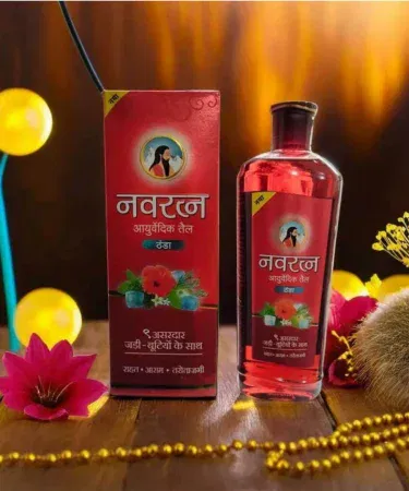 Navratna Ayurvedic Cooling Hair Oil 200ml bottle with herbal ingredients displayed on a wooden surface, imagecaption=Navratna Herbal Oil Cool 200ml – Premium Ayurvedic hair oil for stress relief and cooling effect.