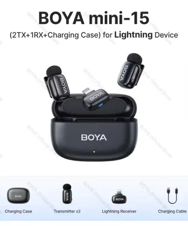 BOYA Mini 15 Dual Wireless Microphone for iPhone with compact charging case, imagecaption=Compact BOYA Mini 15 wireless mic with charging case – perfect for iPhone vlogging and interviews.