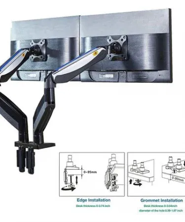 NB F195A Dual Monitor Desk Stand supporting two 22‑32 inch monitors on a modern office desk, imagecaption=Adjustable NB F195A dual monitor stand – perfect for an ergonomic workspace.