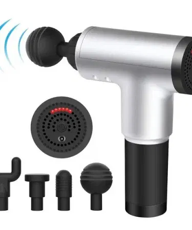 Fascial Massage Gun with multiple interchangeable heads on white background, imagecaption=Premium Fascial Massage Gun – Deep Tissue Relief,