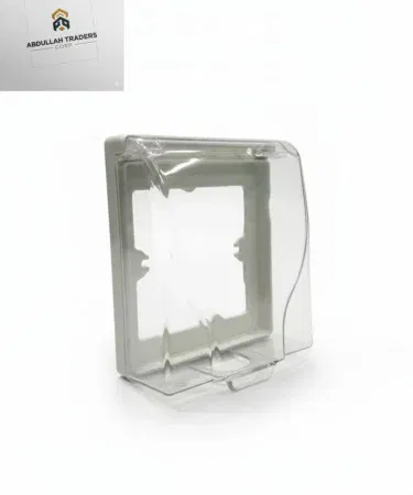 Transparent waterproof splash‑proof electrical outlet cover installed on a wall socket, imagecaption=Waterproof/Splash‑Proof Electrical Outlet Cover – Clear PC guard protecting a wall socket from moisture.