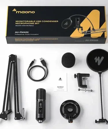 MAONO PM422 USB Condenser Microphone with Boom Arm, Mute Button, Mic Gain Knob and Zero‑Latency Monitoring for PC and Studio