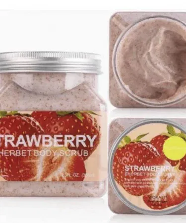 Wokali Strawberry Sherbet Body Scrub 350ml bottle with fresh strawberries and a soft pink background