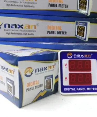 Naxan Square Digital Voltage & Ampere Panel Meter showing dual red LED display , imagecaption=Compact dual‑function digital panel meter by Naxan – ideal for electrical distribution boards ,