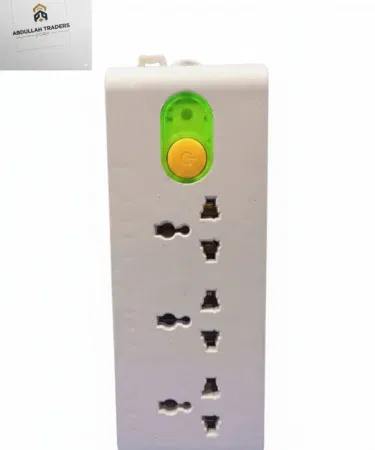 Universal 3‑Outlet Power Strip with Master Switch – yellow master button, green LED indicator, universal sockets for EU, UK, US, AU plugs