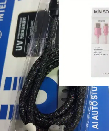 Premium glitter USB Type‑C cable with sparkle design, pink and black colors, 5A fast charging and data sync, tangle‑free and durable, imagecaption=Premium Glitter USB Type‑C Cable – 5A Fast Charging & Data Sync – Available at Khareedo & Kharedo.