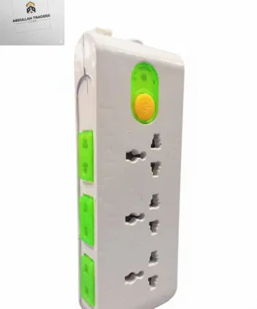 Universal 3‑Outlet Power Strip with Master Switch – yellow master button, green LED indicator, universal sockets for EU, UK, US, AU plugs