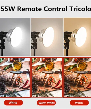 Dimmable two‑color 65W E27 LED photography lighting bulb with remote control for studio softboxes, packaged with holder and 7‑ft light stand, suitable for professional photography setups. , imagecaption=Professional‑grade 65W dual‑color LED bulb (E27) with remote control – perfect for studio softboxes and photography lighting kits.