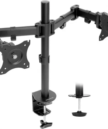 LB‑T022 Double Screen Stand – Fully Adjustable Dual Monitor Desk Clip Arms in Black, supporting up to 32 kg, 100 × 100 mm VESA, rotation and tilt features.