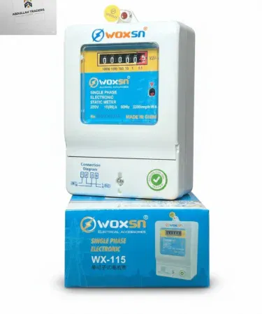 Woxsn WX-115 Single Phase Electronic Static Meter – analog counter with red decimal display, packaged in blue box for easy installation
