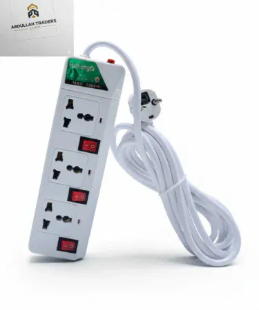 Heavy Duty Power Strip Extension Lead with 3 m copper wire and three grounded sockets, suitable for home and office use in Pakistan.