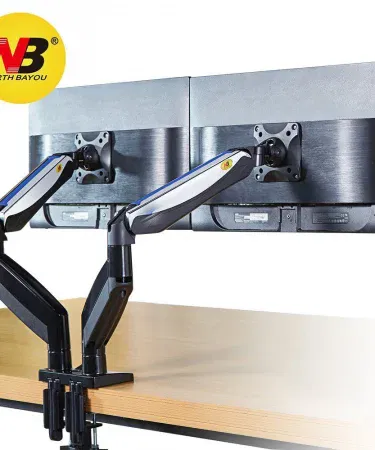 NB F195A Dual Monitor Desk Stand supporting two 22‑32 inch monitors on a modern office desk, imagecaption=Adjustable NB F195A dual monitor stand – perfect for an ergonomic workspace.