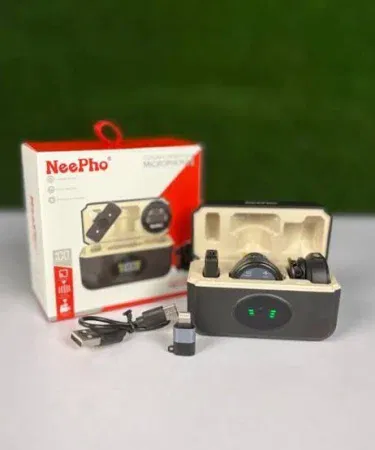 Neepho NP58 Wireless Microphone – compact portable mic with sleek black design, showing the microphone and its receiver unit on a studio desk.