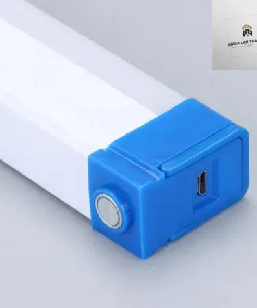 Portable magnetic rechargeable LED light bar mounted on a metal surface, glowing brightly at night, showcasing its magnetic backing and adjustable brightness. , imagecaption=Portable Magnetic Rechargeable LED Light Bar – versatile lighting solution for home, garage, and outdoor use. ,