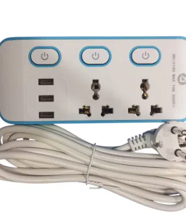 3-socket universal power strip with 3 USB ports and individual switches on a wooden desk, imagecaption=Compact 3‑Socket Power Strip with USB charging ports – ideal for home and office use.