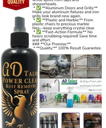 AD Talon Power Clean Rust Remover Spray – multi‑surface cleaning spray in a sleek black bottle with yellow label, showing a spray nozzle and sparkling clean surfaces.