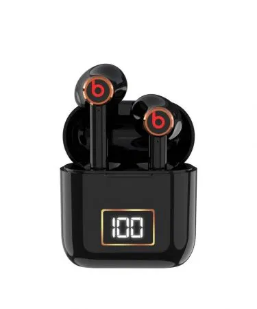 TWS 730 true wireless stereo earbuds in sleek black finish, showing earbuds and charging case on a modern desk