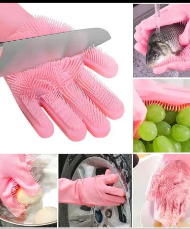 Silicone scrubber gloves in random colours – waterproof, heat‑resistant cleaning gloves with built‑in bristles for dishes and kitchen surfaces