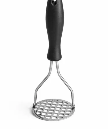 Heavy duty stainless steel potato masher with ergonomic non‑slip handle on kitchen counter, imagecaption=Stainless steel potato masher – perfect for smooth mashing of potatoes, vegetables, and fruits,