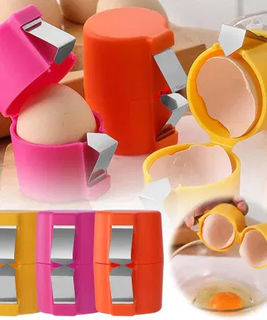 Stainless steel egg shell opener with sleek blade cracking the top of a boiled egg, showing clean, mess‑free opening.