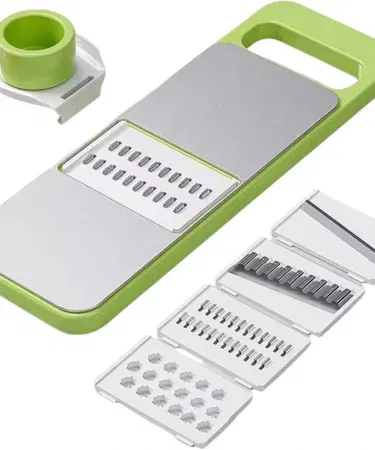 5‑in‑1 Manual Food Grater with stainless steel blade – multi‑functional vegetable and fruit slicer for Pakistani kitchens, imagecaption=Compact 5‑in‑1 manual grater and slicer – perfect for everyday cooking and meal prep.