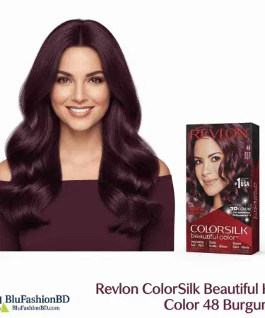 Revlon Colorsilk Hair Color 48 Burgundy bottle on white background, imagecaption=Revlon Colorsilk 48 Burgundy – vibrant, ammonia‑free hair color, available on Khareedo | Kharedo with Check on Delivery.